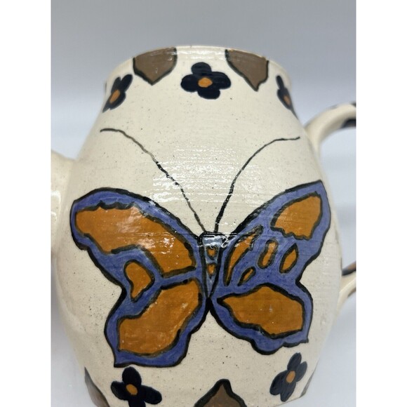Artist Handmade Glazed Pottery Pitcher Butterfly Floral Design Spring Decor - Picture 14 of 16